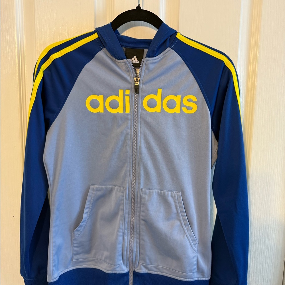 Vintage Adidas Blue and Yellow Zipper Hoodie Track Jacket Youth XL